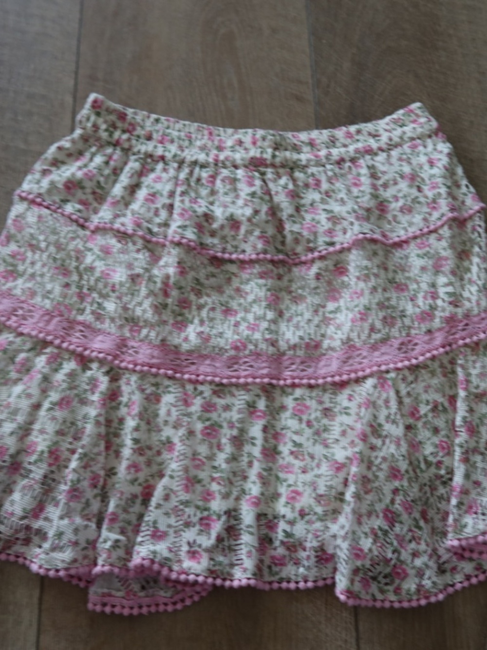 LoveShackFancy Ruffle Mini Skirt — Pink Floral Lace Trim — Size XS